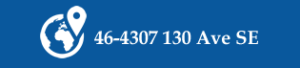 Location icon with address on blue background.
